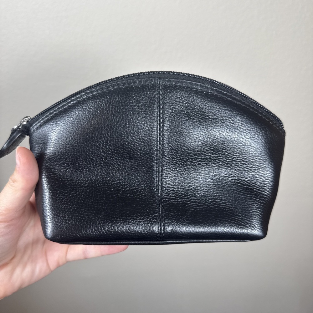 ILI Genuine Leather Makeup Pouch Bag Small Black Lined Toiletry Case Zip Close - Picture 5 of 6